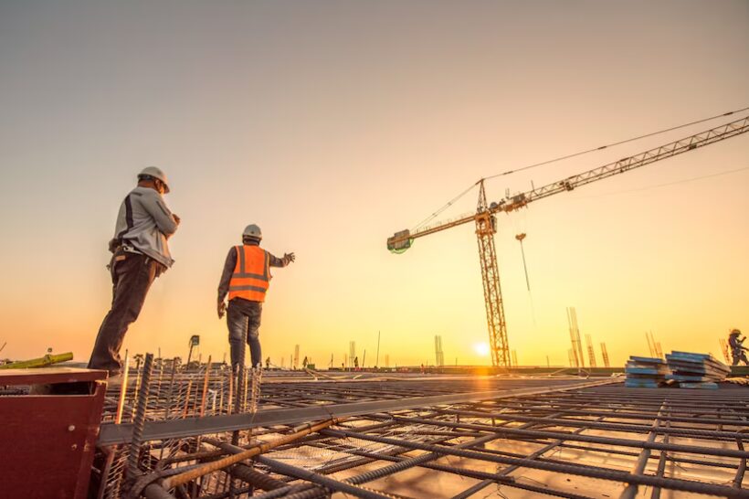 Profissionais trabalhando em uma obra da construção civil com guindaste e equipamentos