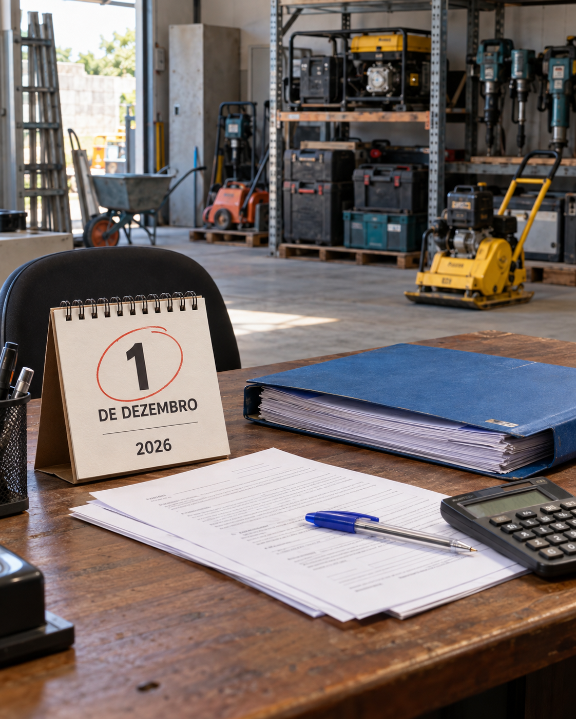 Calendário em 1º de dezembro de 2026 ao lado de contratos e equipamentos em uma locadora