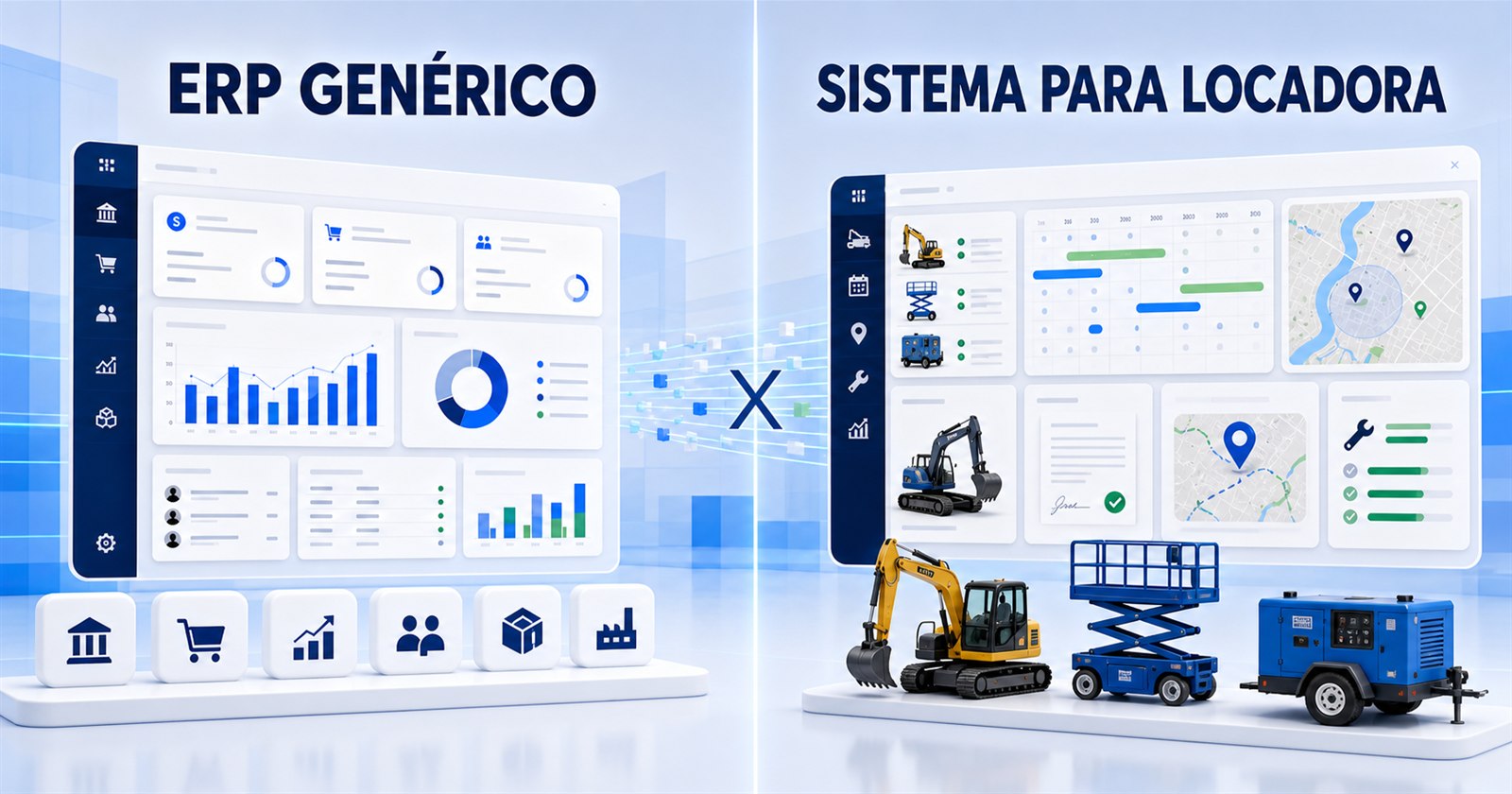 Comparação entre um ERP de gestão corporativa ampla e um sistema especializado na operação de locação de equipamentos