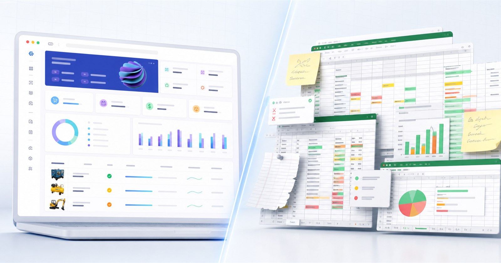 Comparação entre um sistema para locadora organizado e planilhas de Excel fragmentadas