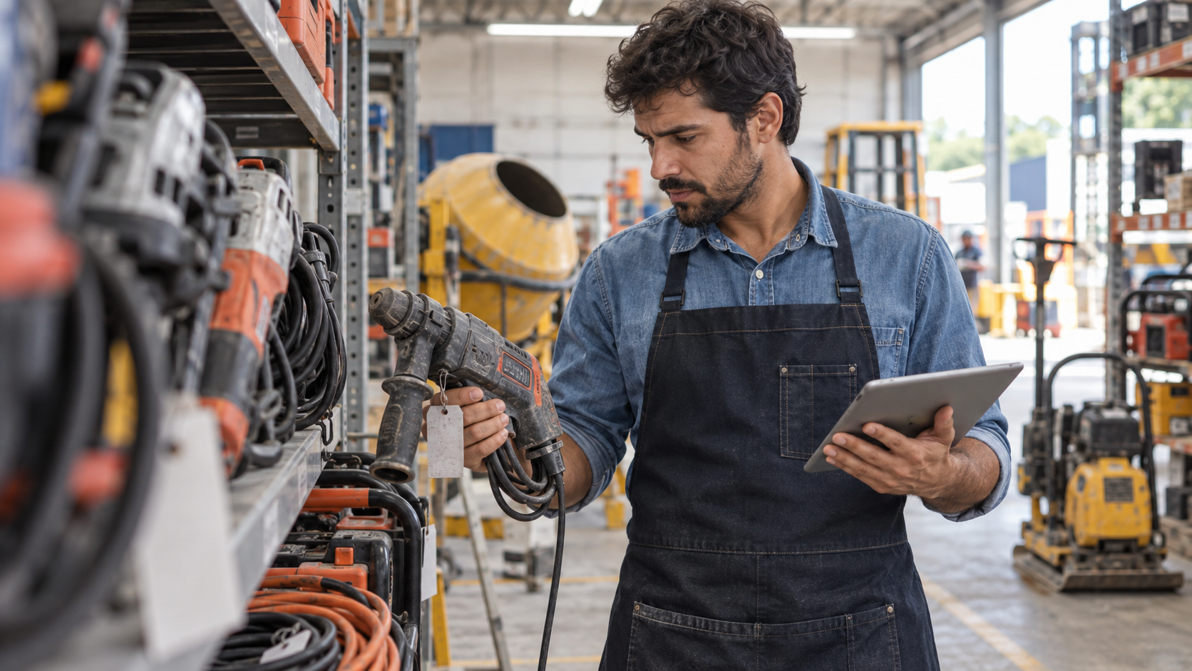 Profissional confere um equipamento no estoque da locadora enquanto consulta dados em um tablet